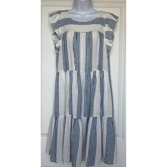 J Crew Striped Mini Dress Blue Linen Blend Tiered Boho Lagenlook Women’s Sz‎ 8 - Picture 1 of 13
